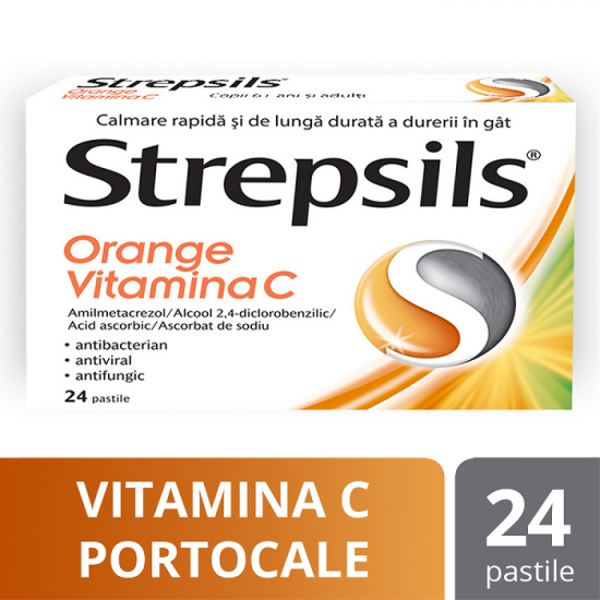 Strepsils orange cu vitamina C, 24 comprimate, Reckitt