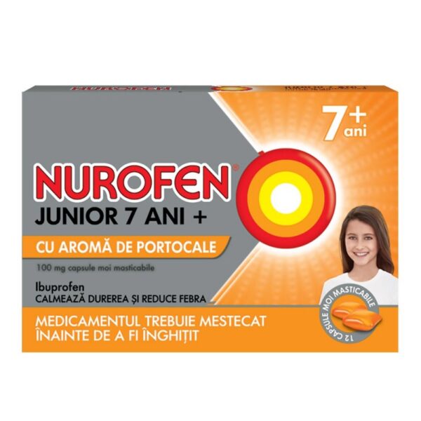 Nurofen junior 7 ani+  portocale 100mg, 24 capsule moi, Reckitt