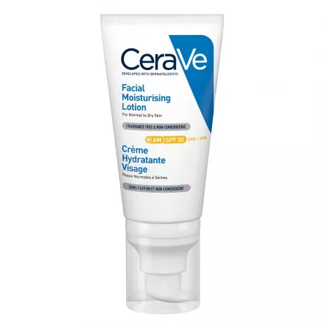 Crema hidratanta pentru ten normal-uscat cu SPF 50, 52 ml, CeraVe fara parfum, non-comedogenica