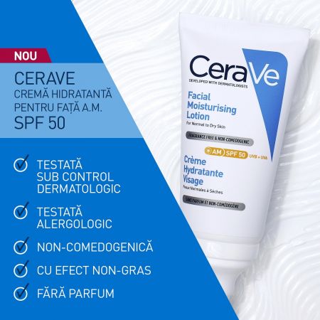 Crema hidratanta pentru ten normal-uscat cu SPF 50, 52 ml, CeraVe fara parfum, non-comedogenica